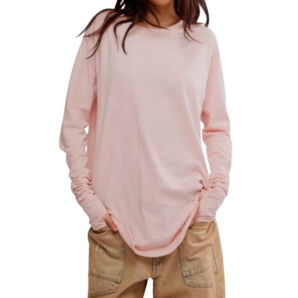 We The Free People Arden Tunic Top Womens Pink Oversized Slub Cotton Long Sleeve